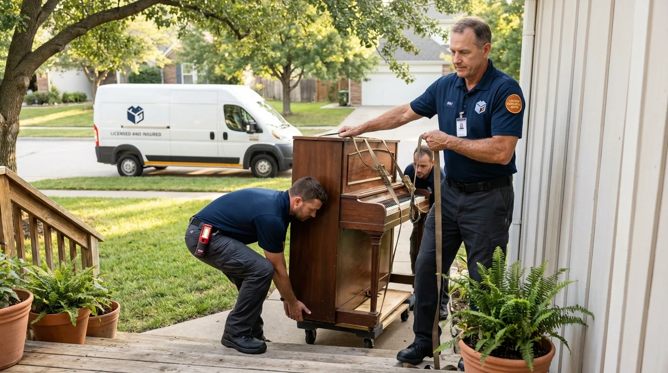 Licensed piano movers securing grand piano in Effingham, IL